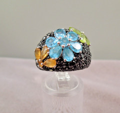 JTV Gold Sterling Silver Spinel Blue Topaz Citrine Peridot Flower Ring NIB Sz 7