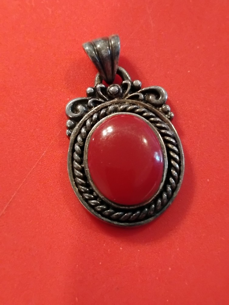 Vintage NF 925 Thailand Sterling Silver Red jasper Cabochon Statement Pendant