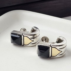 Vintage 925 Sterling Silver & 18 K Gold Black Onyx Screw-back Modernist Earrings