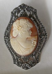 Sterling Silver Marcasite Cameo Brooch Pendant Hand Carved 9252