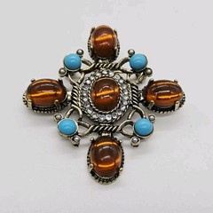 Gripoix Maltese Cross Brooch Pin Amber Blue Gold tone Statement Cabochon 2.25 in