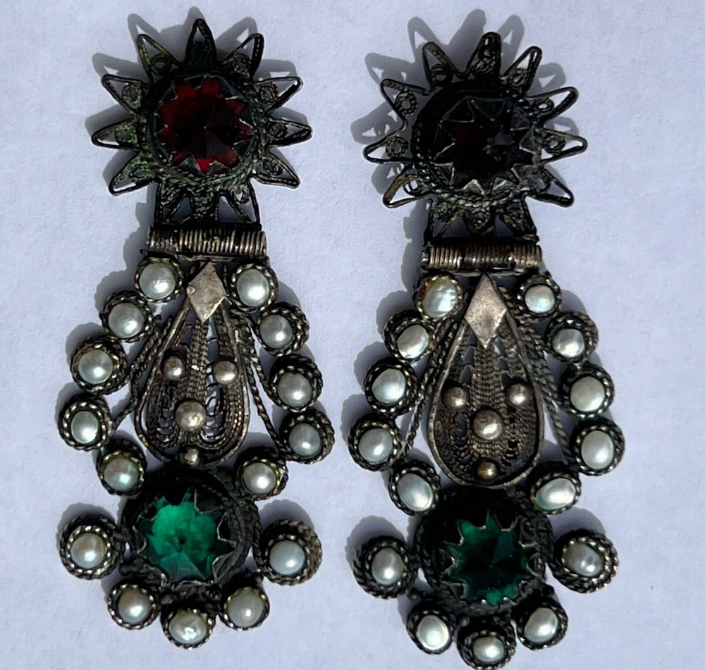 ANTIQUE ARMENIAN BYZANTINE REVIVAL OTTOMAN PEARL COIN SILVER JEWELED EARRINGS