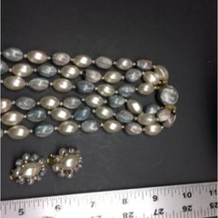 Necklace Clip On Earrings Grey Gray Vintage Triple Strand Silver Gold Push Clasp