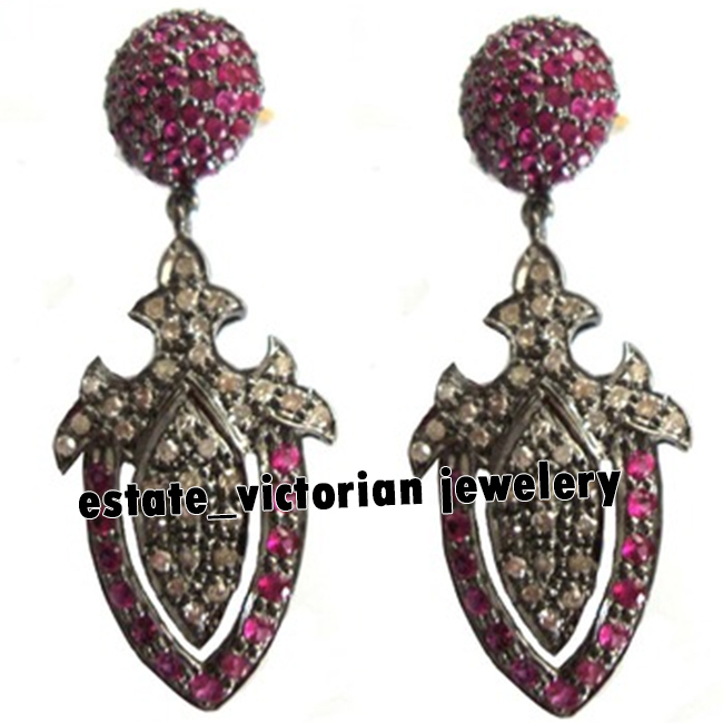 Victorian 1.07Ctw Rose Cut Diamond Ruby Studded Silver Gorgeous Earring Jewelry
