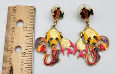 Vintage Don-Lin Enamel Tropical Fish Dangle Drop Earrings Pierced Gold Tone