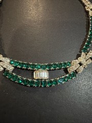 Vintage Art Deco Faux Emerald Green & Clear Rhinestones Collar Necklace