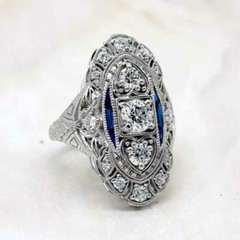 Art Deco Style Lab-Created Diamond & Sapphire Engagement Ring 14K White Gold FN
