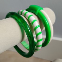 All Vintage Green White Bangle Bracelet Lot Striped Sz 8 Plastic Layered