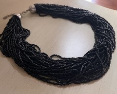 Vintage Black Glass Seed Bead Multi Layered Silver Clasp 18” Statement Necklace