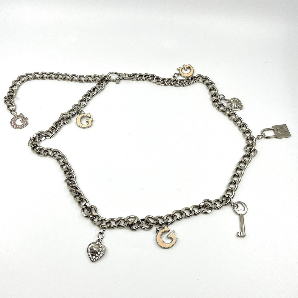 Vintage Y2K GUESS Charm Belt Silver Tone Pink Crystal Heart Lock Key Necklace
