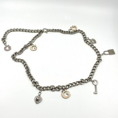 Vintage Y2K GUESS Charm Belt Silver Tone Pink Crystal Heart Lock Key Necklace