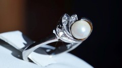 10k white gold size 6.75 ring 5.3mm cultured pearl natural diamond antique 2.28g