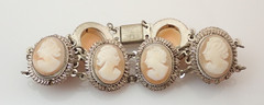 Antique GM Signed 800 Silver Carved Cameo Lady Link Bracelet & Earrings