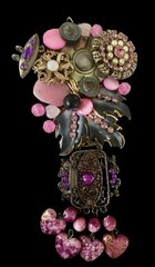 Vintage Signed Sarah Jane Pink & Gold Assemblage Pendant OOAK~1980s
