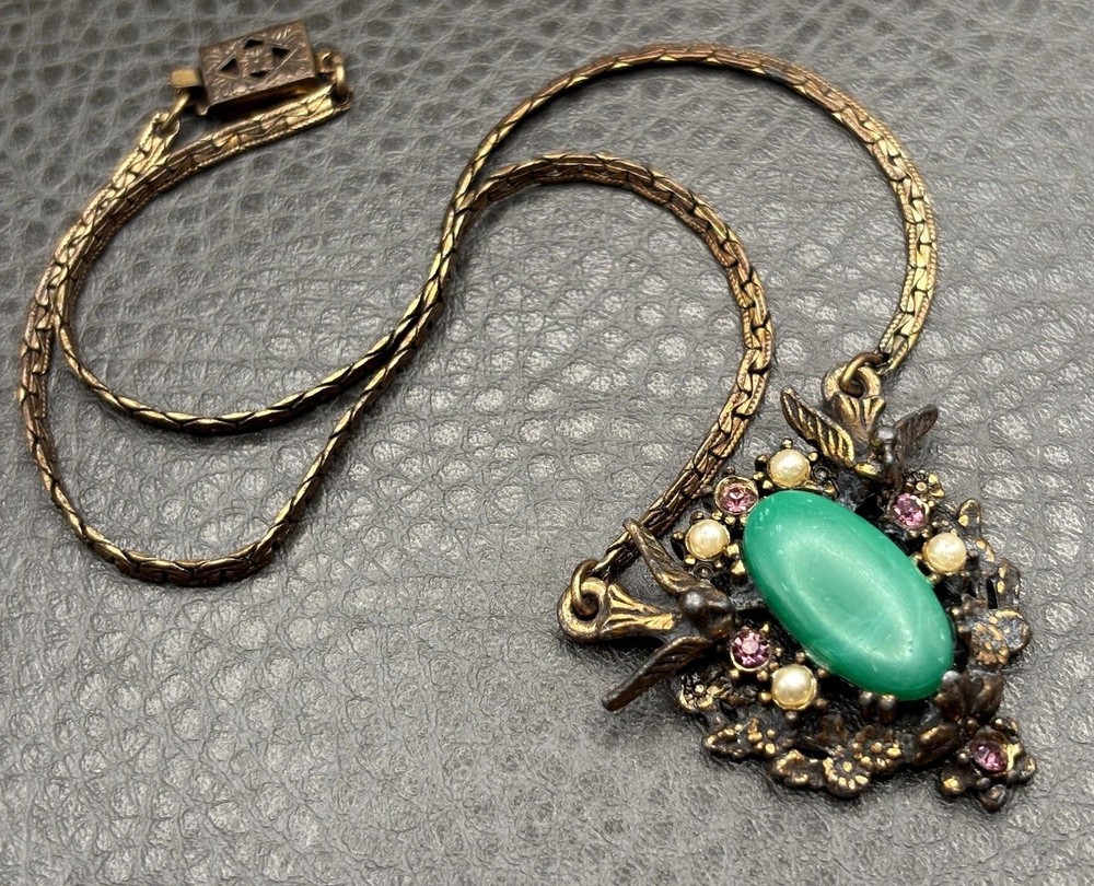 Vintage Victorian Revival Birds Green Cab Faux Pearl Rhinestone Pendant Necklace
