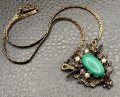 Vintage Victorian Revival Birds Green Cab Faux Pearl Rhinestone Pendant Necklace