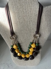 Chunky Vintage Boho Geometric Bead Cord Necklace Green Brown Yellow Statement