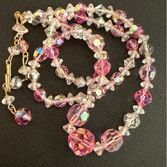 Vintage Beaded Necklace Crystal Pink Clear Aurora Borealis