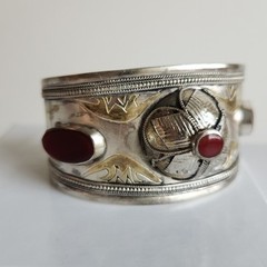 Vintage Tribal Cuff Bracelet | Mixed-Silver 800-900 Content | Red Carnelian Acce