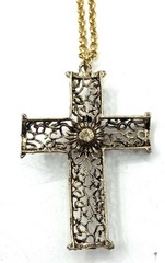 Vintage Estate 2 3/4” Cross Gold Tone Orange Stone with Chain 36”Long Necklace