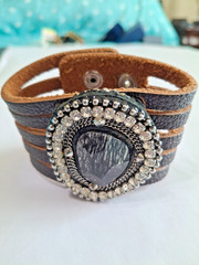 Brown Leather Snap Band Wrist Bracelet with Faux Black Stone / Rhinestones