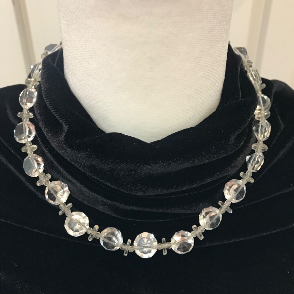 ANTQ Art Deco Crystal Necklace Sterling Silver 1920s GEMSTONE CUT Choker VTG 16”