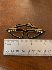 Vtg Brooch Cat Eye Glasses Black Enamel Rhinestone Pin Rockabilly Retro
