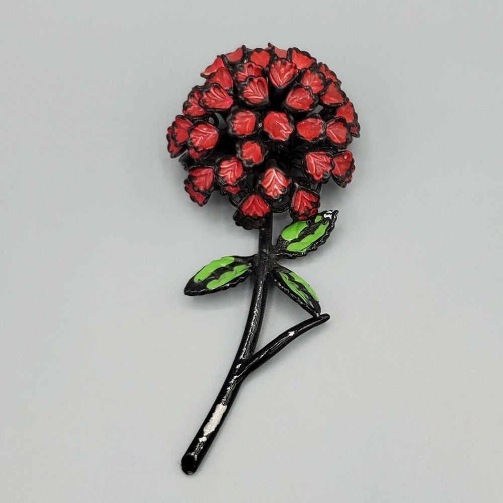 1930s Unsigned Black Red Green Enamel Painted Pot Metal Dahlia Flower Brooch