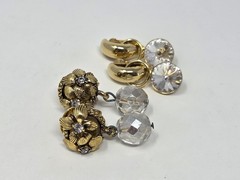 2 Pairs Vintage Gold Tone & Clear Rhinestone Clip-on Earrings Dangle Drop Style