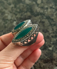 Marcasite Sterlling Silver Chunky Double Green Stone Ring, Size 8