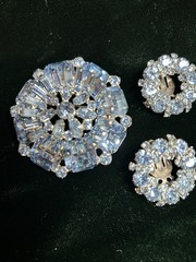 Vintage WEISS Blue Rhinestone Brooch & Clip Earrings Married Set Signed 1950s