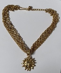Vintage 1980s Chunky Celestial Sun Pendant Necklace Costume Gold Toned Unmarked