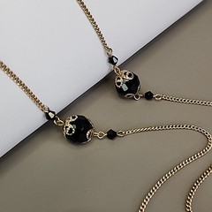 Necklace Pierced Earrings Lot of 2 Black Glass Acrylic Station Gold Tone 48″