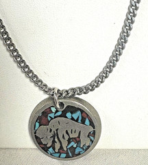 Vintage Pendant Necklace Buffalo Turquoise & Red Coral Silver Tone Chip Inlay