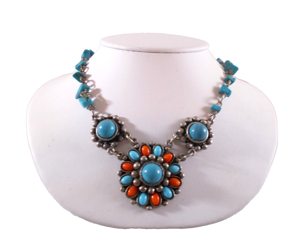 Tribal Boho Ethnic faux Turquoise Coral Cluster Medallion Choker Necklace