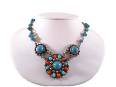 Tribal Boho Ethnic faux Turquoise Coral Cluster Medallion Choker Necklace