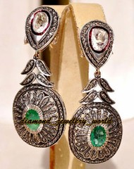 Stunning 3.80ctw Rose Antique Cut Diamond Emerald Silver Vintage Earring Jewelry
