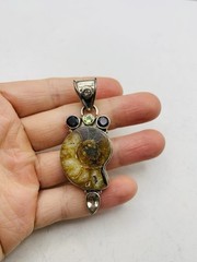 Vintage Sterling Silver 925 Peridot Smoky Topaz Gemstone Ammonite Fossil Pendant