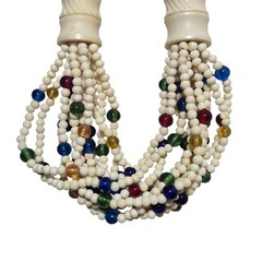 Vintage Multi Strand Beaded Necklace White Green Yellow Red Blue Retro Jewelry