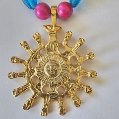 Vintage Sun Pendant Beaded Necklace Multi Color & Blue Beads Gold Tone See Pic *