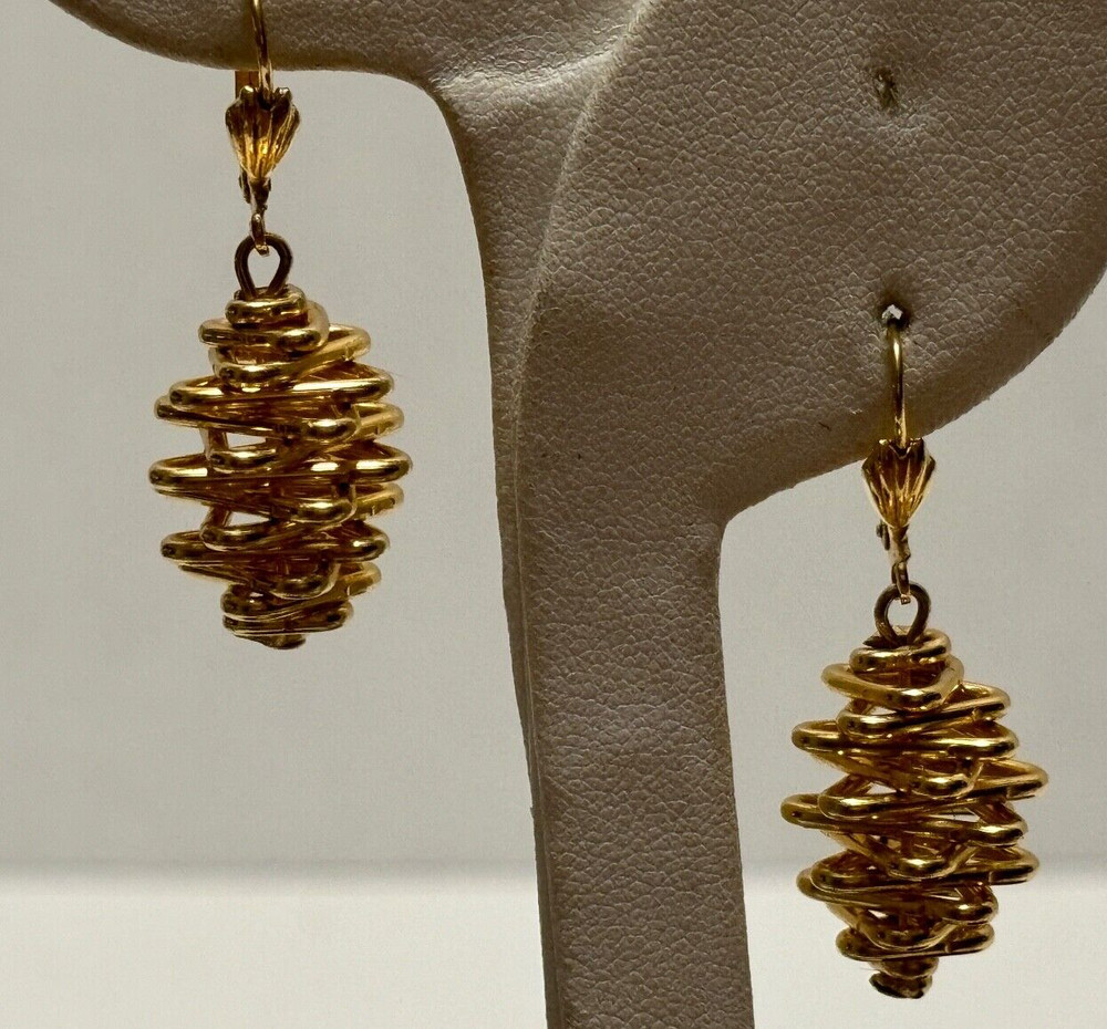 PINECONE EARRINGS Goldtone LeverBack Pierced Stacked Wire Dangles Germany