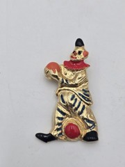 Vintage Clown Brooch Gold Tone Enamel Figural Pin Holding Ball Elle