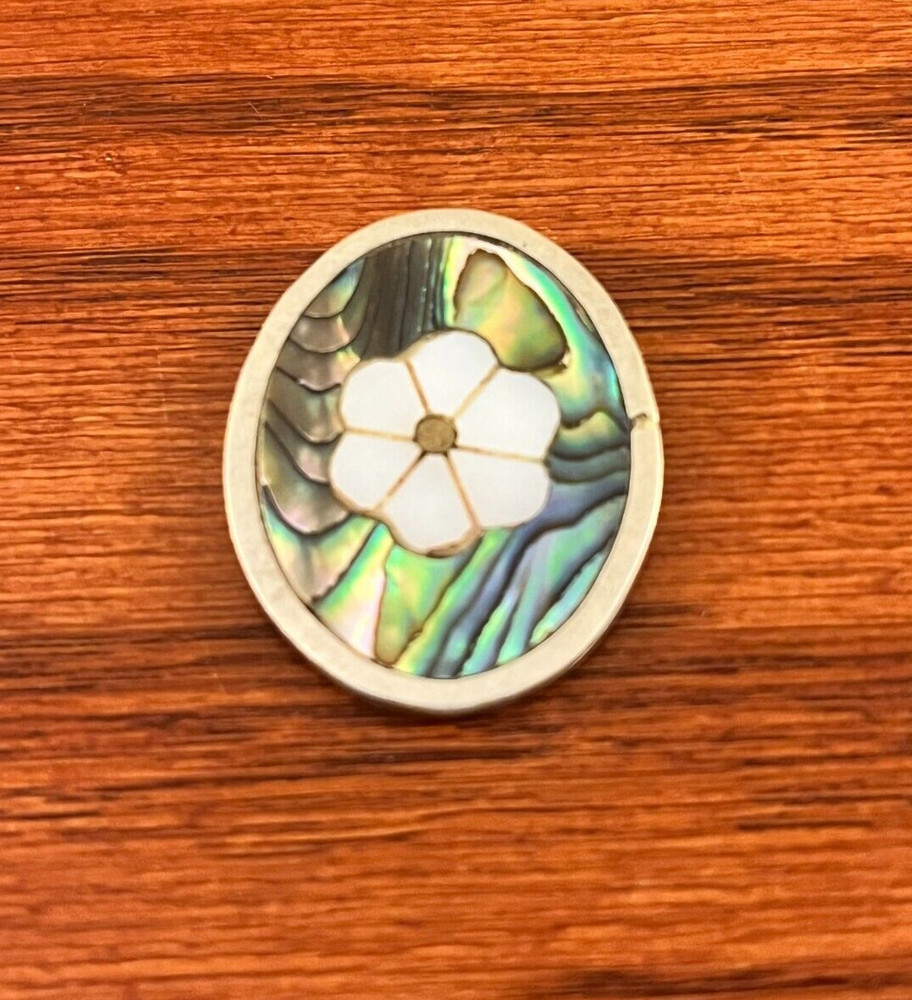 Vintage Mexico Shell Mosiac Reflective Silver Tone Pendant Charm Stamped Artsy