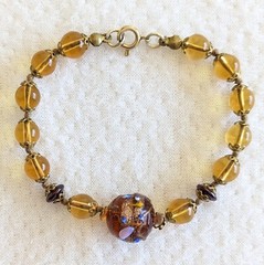 Vintage Brown Yellow Italian Wedding Cake Lampwork Knotted Glass Beaded Bracelet