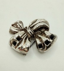 Vintage LANVIN Paris Bow Brooch Silver Tone Black Stone Signed Designer Pin 2 in