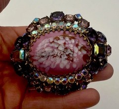 Vintage Husár D Czech Glass Rhinestone Bracelet – Pink Cabochon Statement Signed