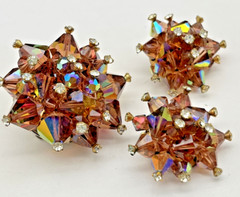 Vtg Smoky Quartz Amber AB Rhinestone 3D Pyramid MCM Geometric Brooch Earring Set