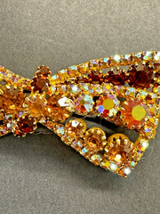 Vintage 1960s Amber & Topaz Rhinestone Bow Brooch and Clip-On Earrings Set