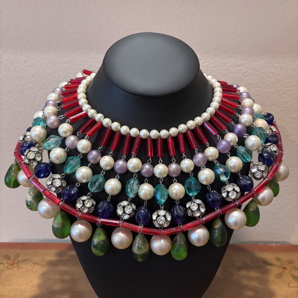 Vintage Waterfall Collar Necklace Multi-strand Faux Pearl Glass Bead Rhinestone
