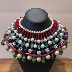 Vintage Waterfall Collar Necklace Multi-strand Faux Pearl Glass Bead Rhinestone